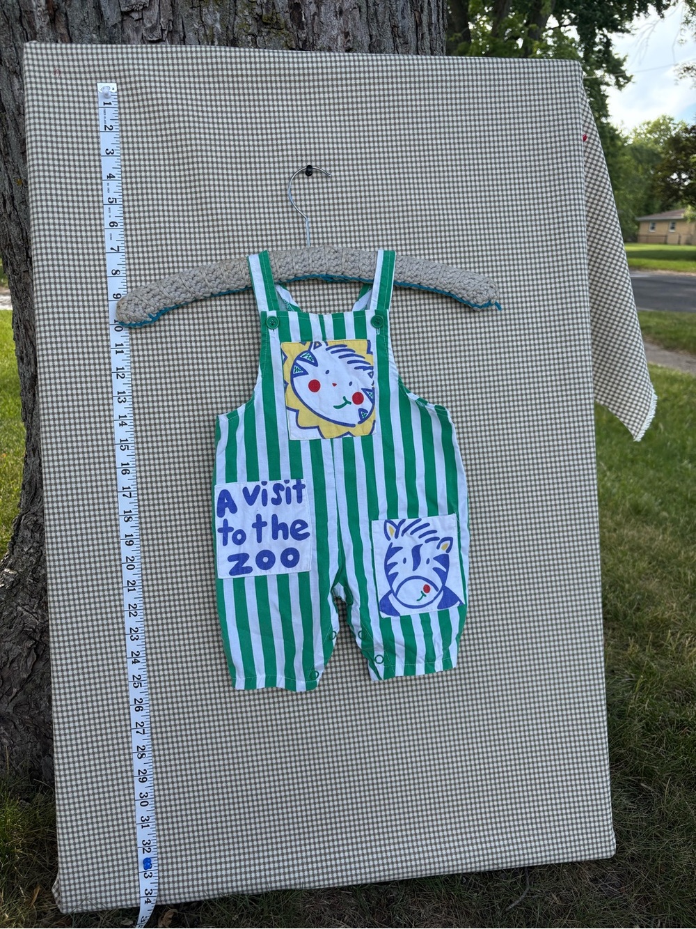 Vintage Hopscotch Green & White Striped 'A Visit to the Zoo' Kids Overalls 0-6m